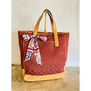 Vintage Coach 6093 Red Tote Bag signature Canvas/vachetta Leather Black 6093